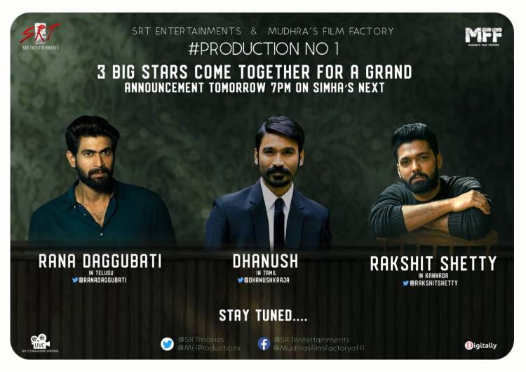 Top Indian Stars @dhanushkraja, @RanaDaggubati and @rakshitshetty will launch #SRTMFFProductionNo1 