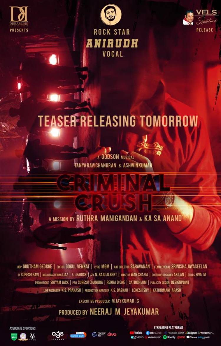 #CriminalCrush teaser releasing tomorrow! Full music album to be launched on this Friday in @IPL @StarSportsTamil!