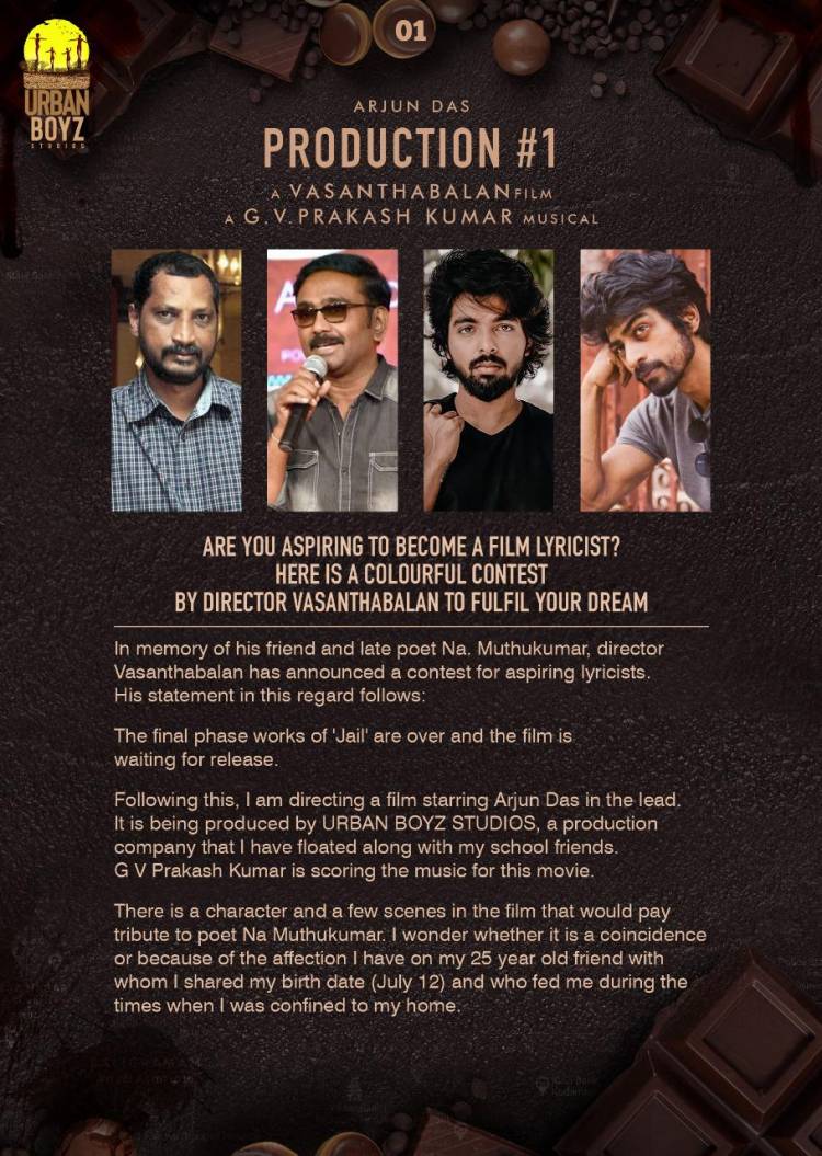 In the memory of poet Na. Muthukumar, dir @Vasantabalan1 announces a contest from aspiring lyricists
