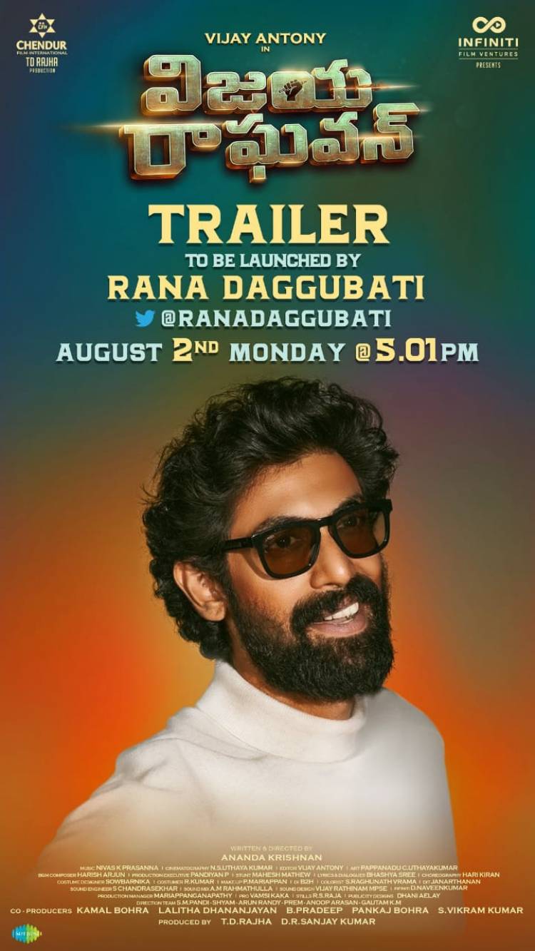 Our Prominent Actor @vijayantony's #VijayaRaghavan trailer to be launched by @RanaDaggubati on Monday @ 5:01 PM.
